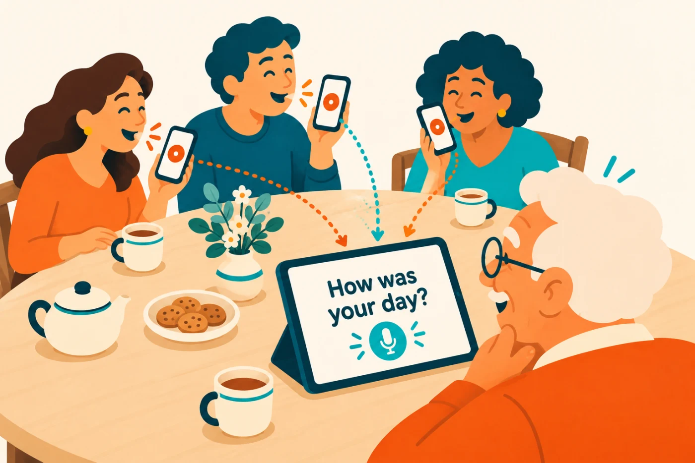 Three family members speak into their iPhones, sending words to a shared iPad in front of their grandfather.