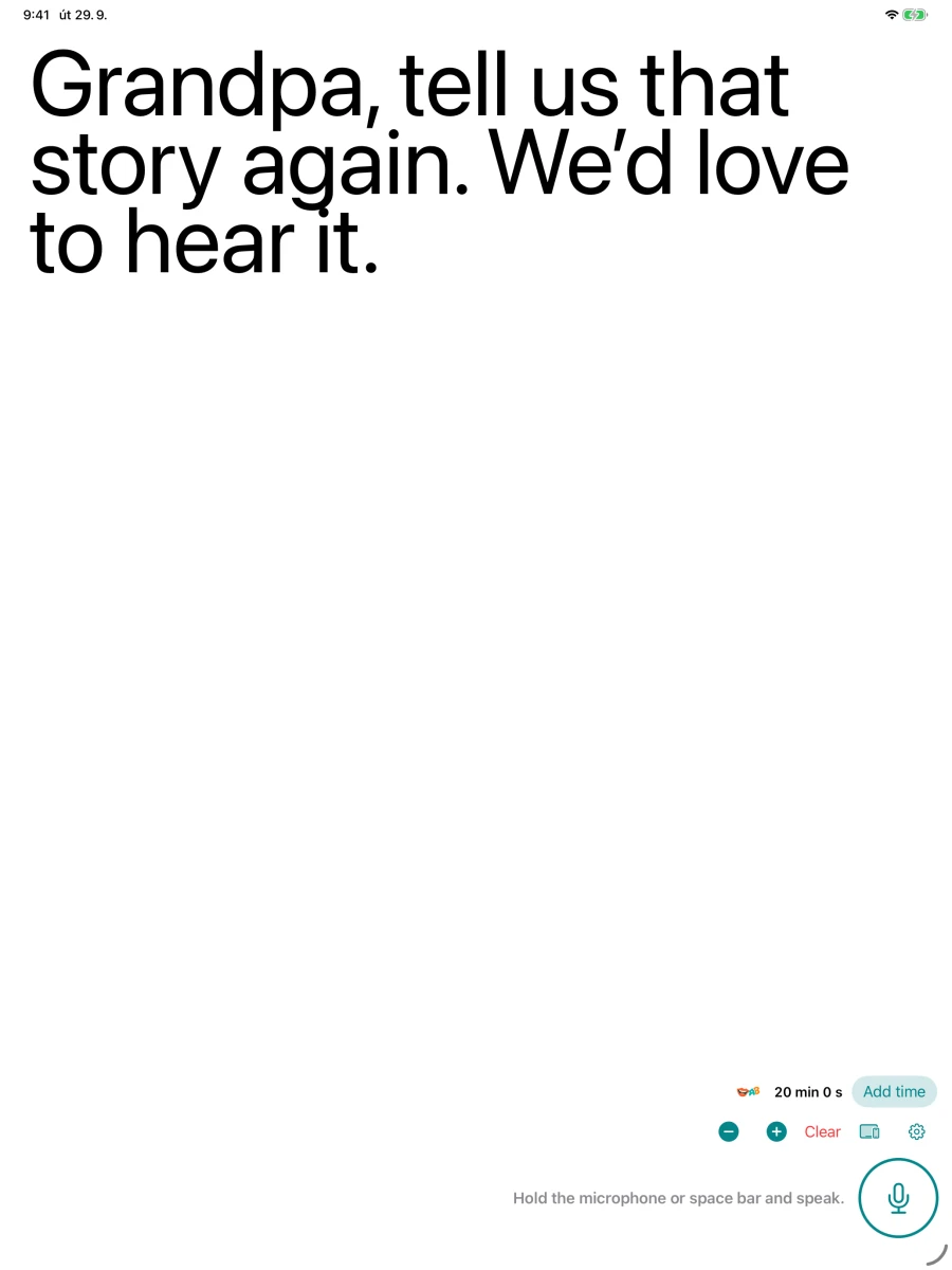 Actual iPad app screen with a conversation displayed in larger text.