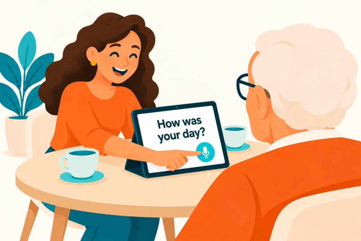 A woman holds the microphone button on one iPad between her and her grandfather. The screen faces him and reads: How was your day?